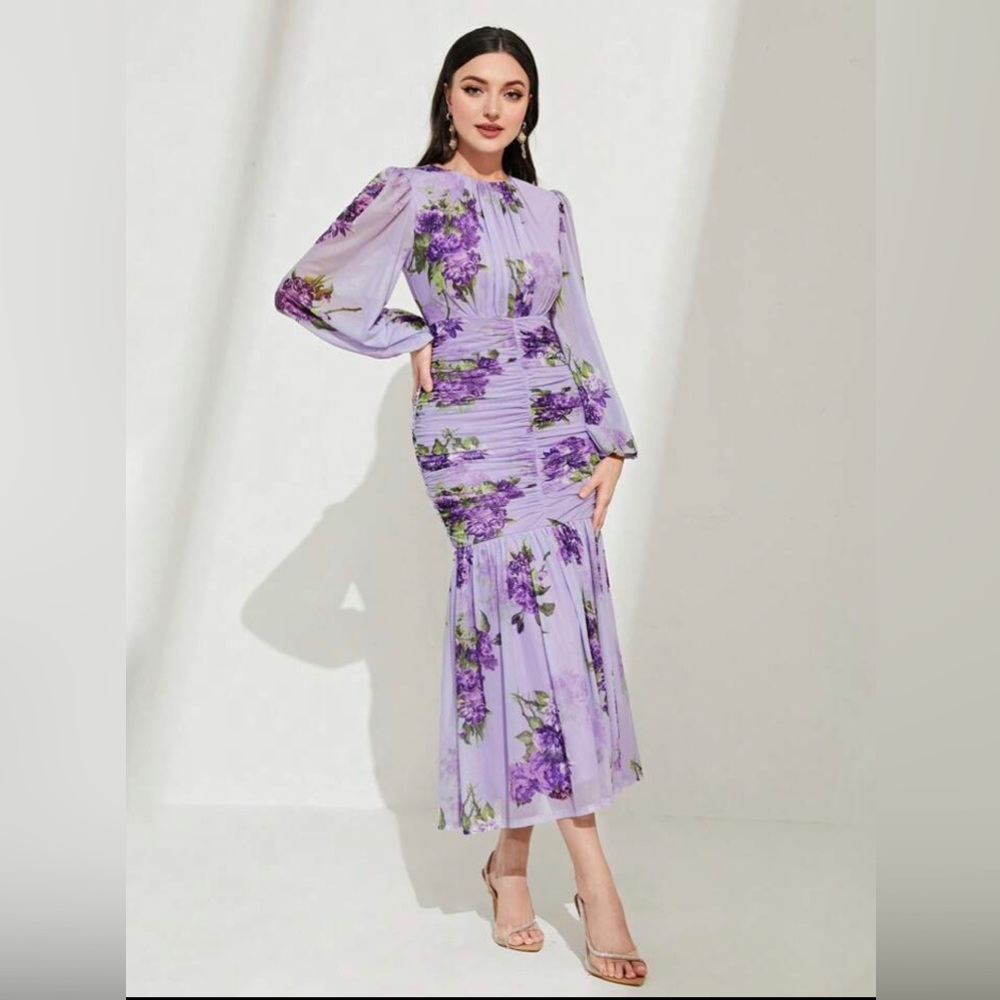 NWT SHEIN Modely Lavender/Purple Floral Print Ruched Mermaid Hem Mesh Dress Sz M
